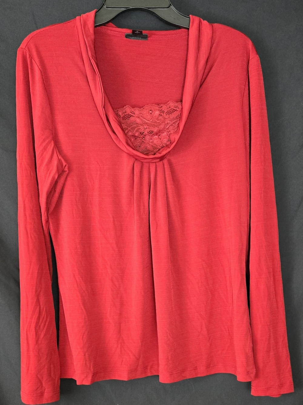East 5th Red Long-Sleeve Cowl Neck Top with Lace Inset #579